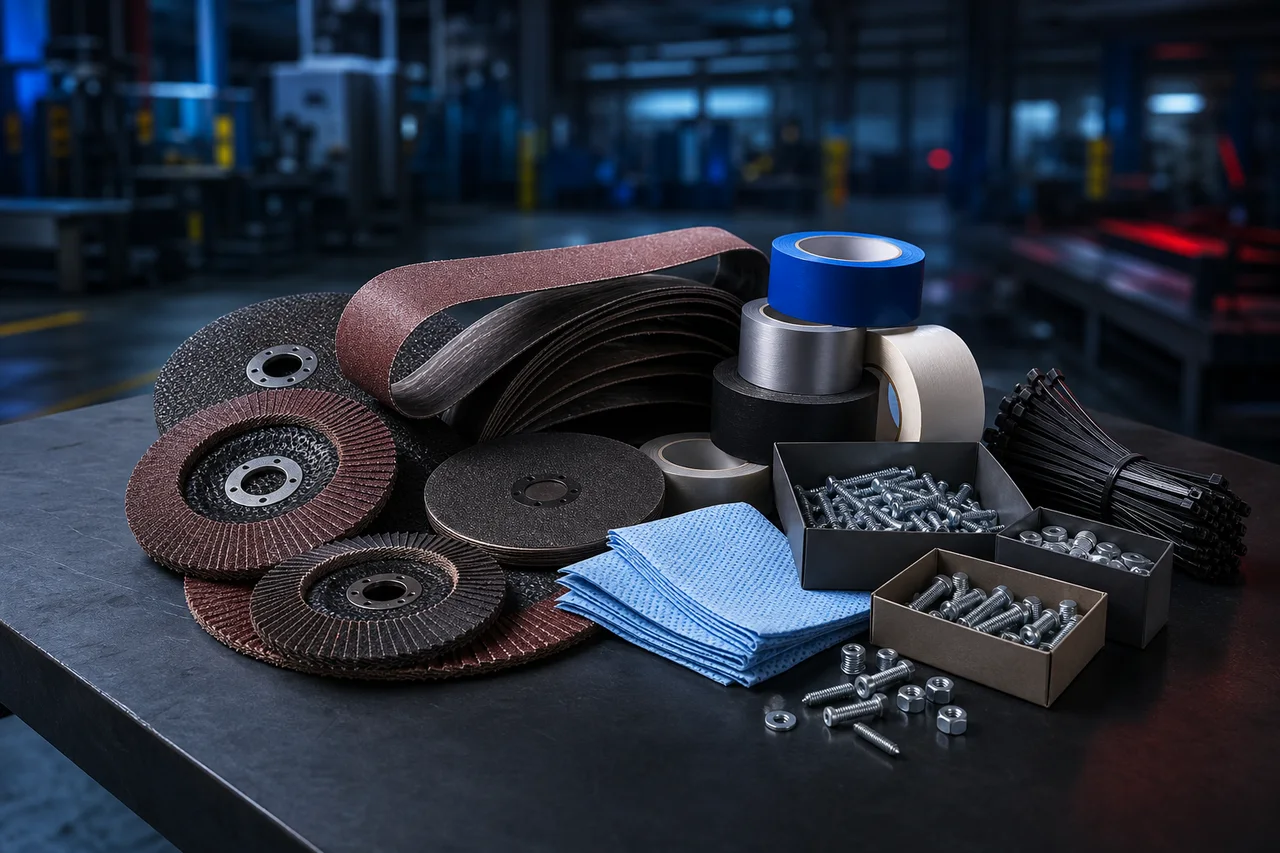 Abrasives, tapes, fasteners, cable ties, and cleaning cloths