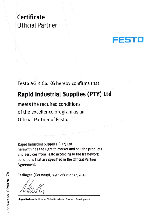 Preview of the official Festo partner certificate issued to Rapid Industrial Supplies